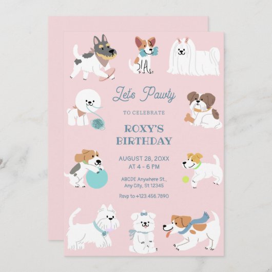 よくはしゃぐ犬の誕生日 招待状 (正面/裏面)