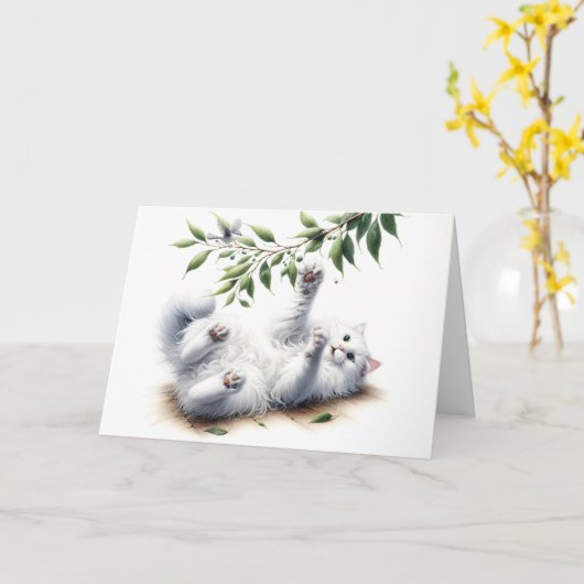 よくはしゃぐ誕生日用白猫 カード (黄色い花)