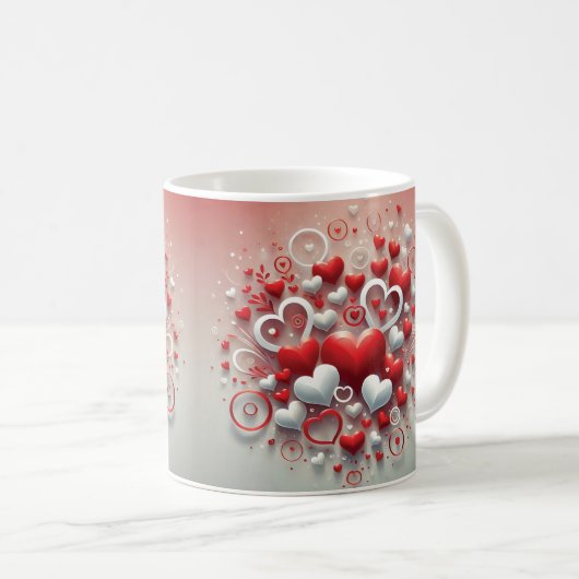 よくはしゃぐ赤と白ハートバレンタインデー コーヒーマグカップ (正面右)
