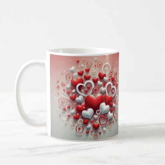 よくはしゃぐ赤と白ハートバレンタインデー コーヒーマグカップ (左)