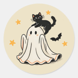 よくはしゃぐ黒猫オン幽霊のハロウィーン ラウンドシール