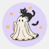 よくはしゃぐ黒猫オン幽霊のハロウィーン ラウンドシール (正面)