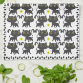 よくはしゃぐ黒猫パターンデザイン キッチンタオル (折り畳み)