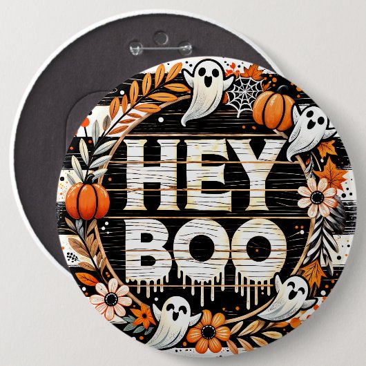 'よくはしゃぐHey Boo'ハロウィンピン – 幽霊、カボチャ 缶バッジ (正面&裏面)
