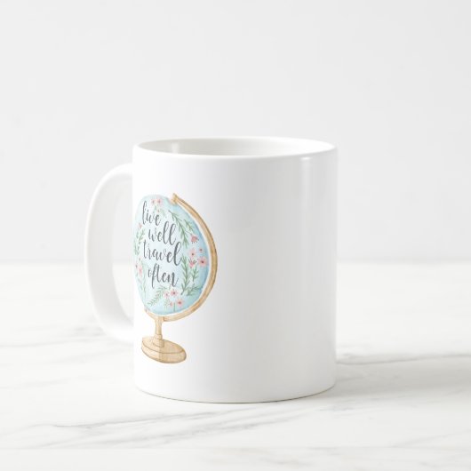 よく暮らし、頻繁に旅行 コーヒーマグカップ (正面左)