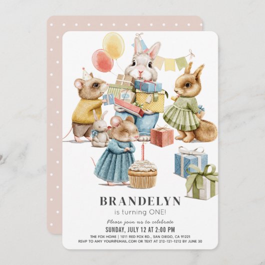 よく着飾った動物の女の子の誕生日 招待状 (正面/裏面)