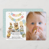 よく着飾った動物クマ男の子の写真1歳の誕生日 招待状 (正面/裏面)