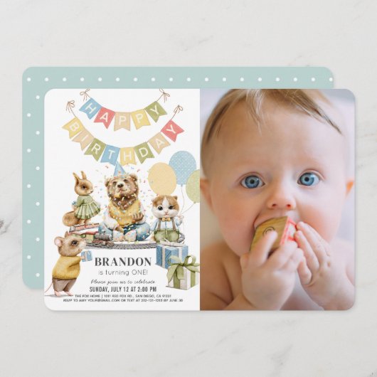 よく着飾った動物クマ男の子の写真1歳の誕生日 招待状 (正面/裏面)