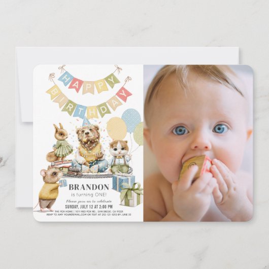 よく着飾った動物クマ男の子の写真1歳の誕生日 招待状 (正面)