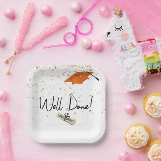 よく行われた卒業金ゴールド紙吹雪とオレンジキャップ ペーパープレート (パーティー)