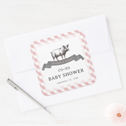 よだれかけ&リブBBQピンク素朴ギンガムベビーシャワー スクエアシール (封筒)