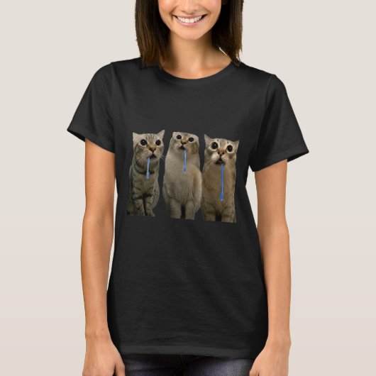 よだれをたらす猫に怒る猫 ダブル面白ミーム Tシャツ (正面)