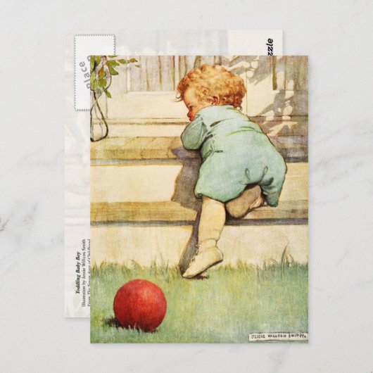 よちよち歩きの赤ちゃんと赤いボール ポストカード (正面/裏面)