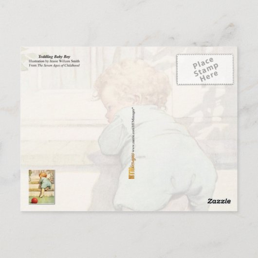 よちよち歩きの赤ちゃんと赤いボール ポストカード (裏面)