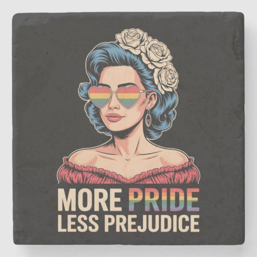 より多くのプライドより少ない偏見LGBTQプライドアリー虹 ストーンコースター (正面)