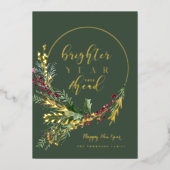 より明るい年があなたを待っています 水彩画の花輪 新年 箔シーズンカード (正面)