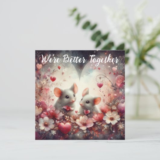 より良い一緒に赤いハートかわいいネズミバレンタイン シーズンカード (スタンド正面)