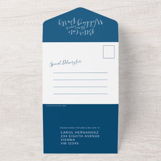 より良い遅い結婚式パーティーRSVP写真の青い白 オールインワン招待状 (外側)