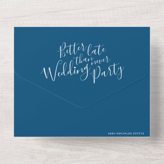 より良い遅い結婚式パーティーRSVP写真の青い白 オールインワン招待状 (裏面)