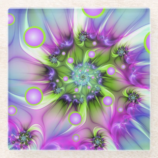 らせんカラフル円形シェイプ抽象芸術フラクタル ガラスコースター (正面)