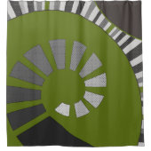 らせん形状、抽象芸術、水玉模様、灰色、緑 シャワーカーテン (正面)