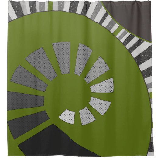 らせん形状、抽象芸術、水玉模様、灰色、緑 シャワーカーテン (正面)
