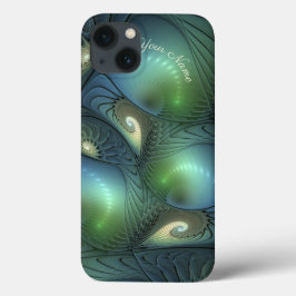 らせん状ティール（緑がかった色）ベージュグリーン抽象芸術フラクタルアート名 iPhone 13ケース