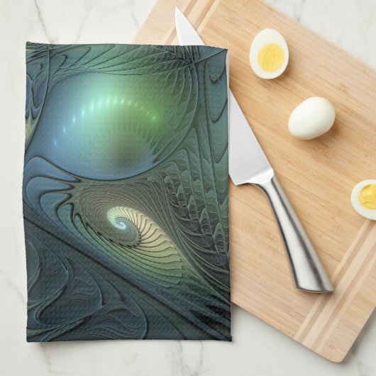 らせん状ティール(緑がかった色)ベージュグリーン抽象芸術フラクタル キッチンタオル (四つ折り)
