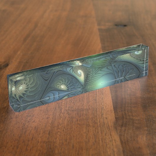 らせん状ベージュグリーンターコイズ抽象芸術フラクタルアート デスクネームプレート (側面)