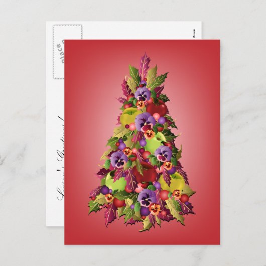 りんごおよびパンジーのピンクのクリスマスのヒイラギ木 シーズンポストカード (正面/裏面)