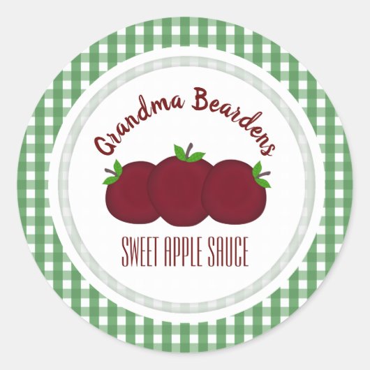 りんごとチェックの入った名前ラベル ラウンドシール (正面)