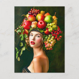 りんごのフルーツハットをかぶったエレガントな女性 シーズンポストカード