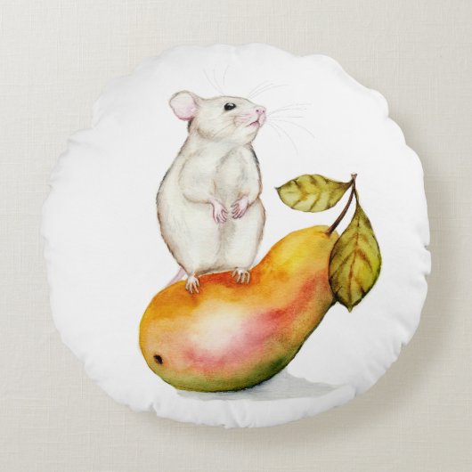 りんごの上の愛らしいねずみ ラウンドクッション (正面)