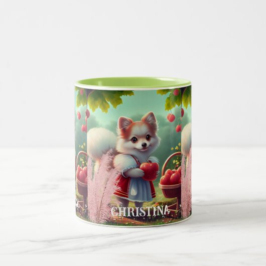 りんごの名でかわいいワンパーソナライズされたコ犬 ツートーンマグカップ (中央)