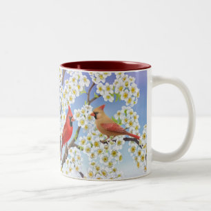 りんごの木のマグの開花の（鳥）ショウジョウコウカンチョウ ツートーンマグカップ