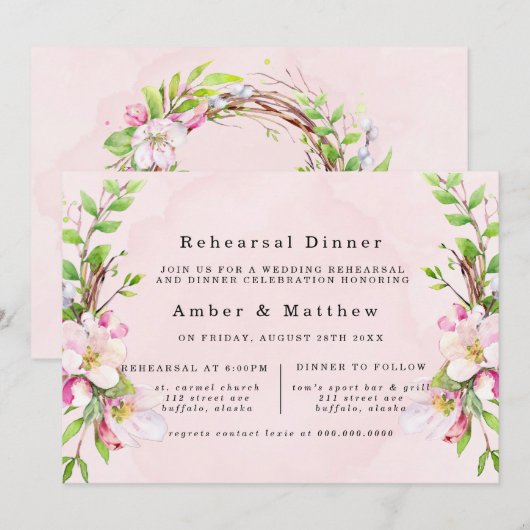 りんごの木の花 水彩彩色リハーサルディナー 招待状 (正面/裏面)