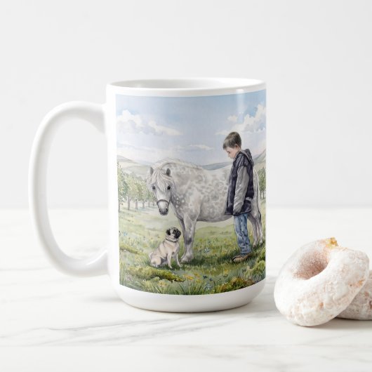 りんごの果樹園にいるポニーと犬と子供の親友たち コーヒーマグカップ (ドーナツ)
