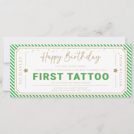りんごの緑の最初のタトゥーの誕生日ギフトバウチャー 招待状 (正面)