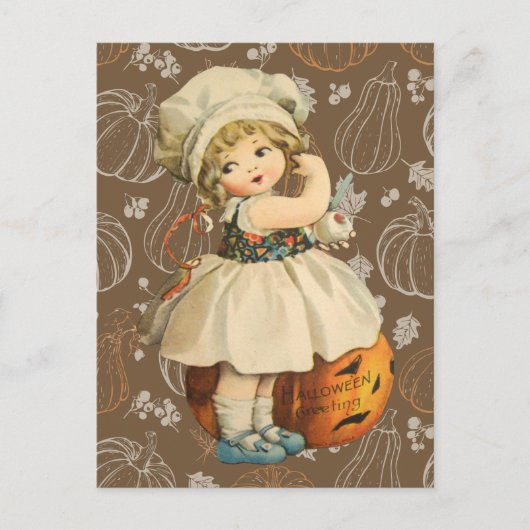 りんごを彫る女の子のハロウィンポストカード ポストカード (正面)