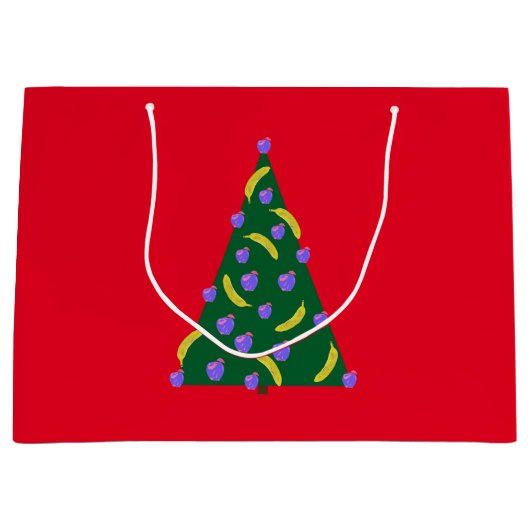 りんごポップ・アートのとバナナ赤のアートクリスマスツリー ラージペーパーバッグ (正面)