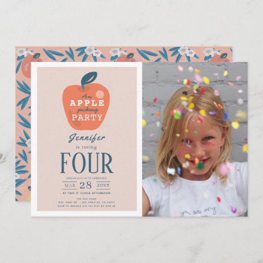 りんご狩りの女の子ピンク写真誕生日 招待状 (正面/裏面)