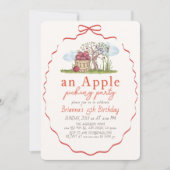 りんご狩りパーティー 赤いリボンの女の子 誕生日 招待状 (正面)