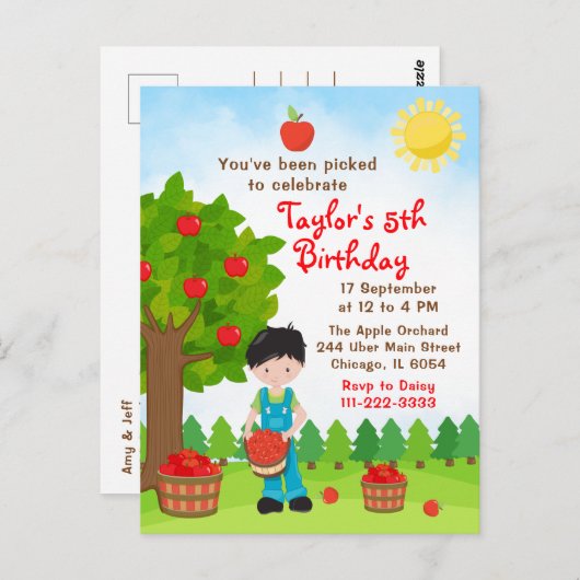 りんご狩り誕生日黒髪少年ポストカード ポストカード (正面/裏面)