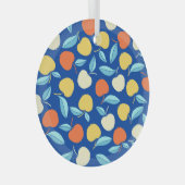 りんご葉の、青い背景、シームレスなパターン。 ガラスオーナメント (正面右)