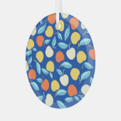 りんご葉の、青い背景、シームレスなパターン。 ガラスオーナメント (正面左)