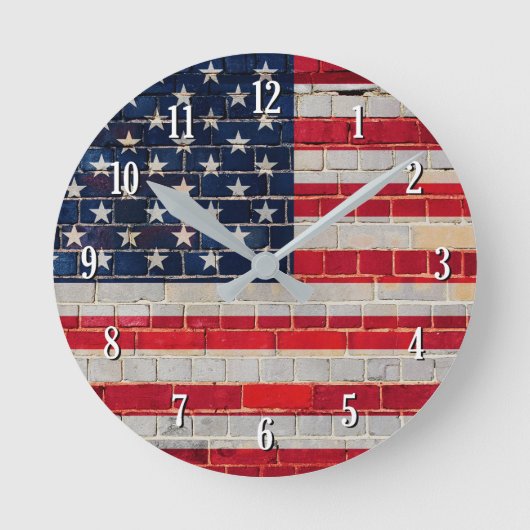 れんがの壁にアメリカ国旗 ラウンド壁時計 (正面)