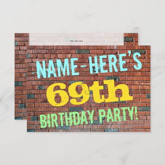 れんが壁グラフィ刺激を受けたティ69番目の誕生日+名前 招待状 (正面/裏面)