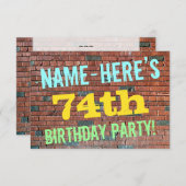 れんが壁グラフィ刺激を受けたティ74番目の誕生日+名前 招待状 (正面/裏面)