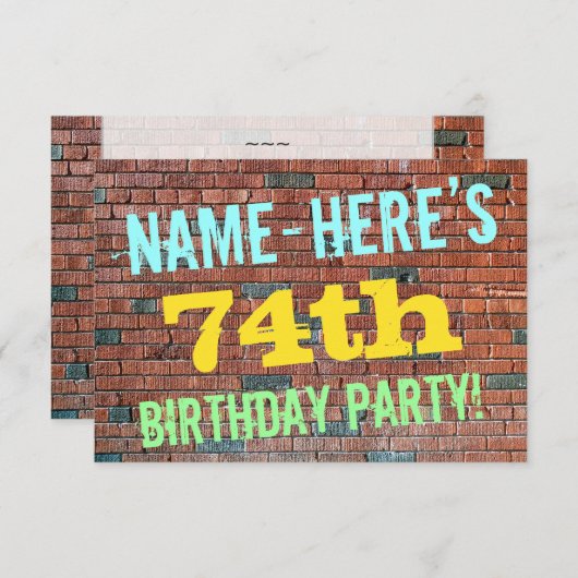 れんが壁グラフィ刺激を受けたティ74番目の誕生日+名前 招待状 (正面/裏面)