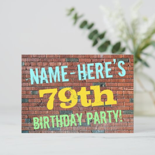 れんが壁グラフィ刺激を受けたティ79番目の誕生日+名前 招待状 (スタンド正面)